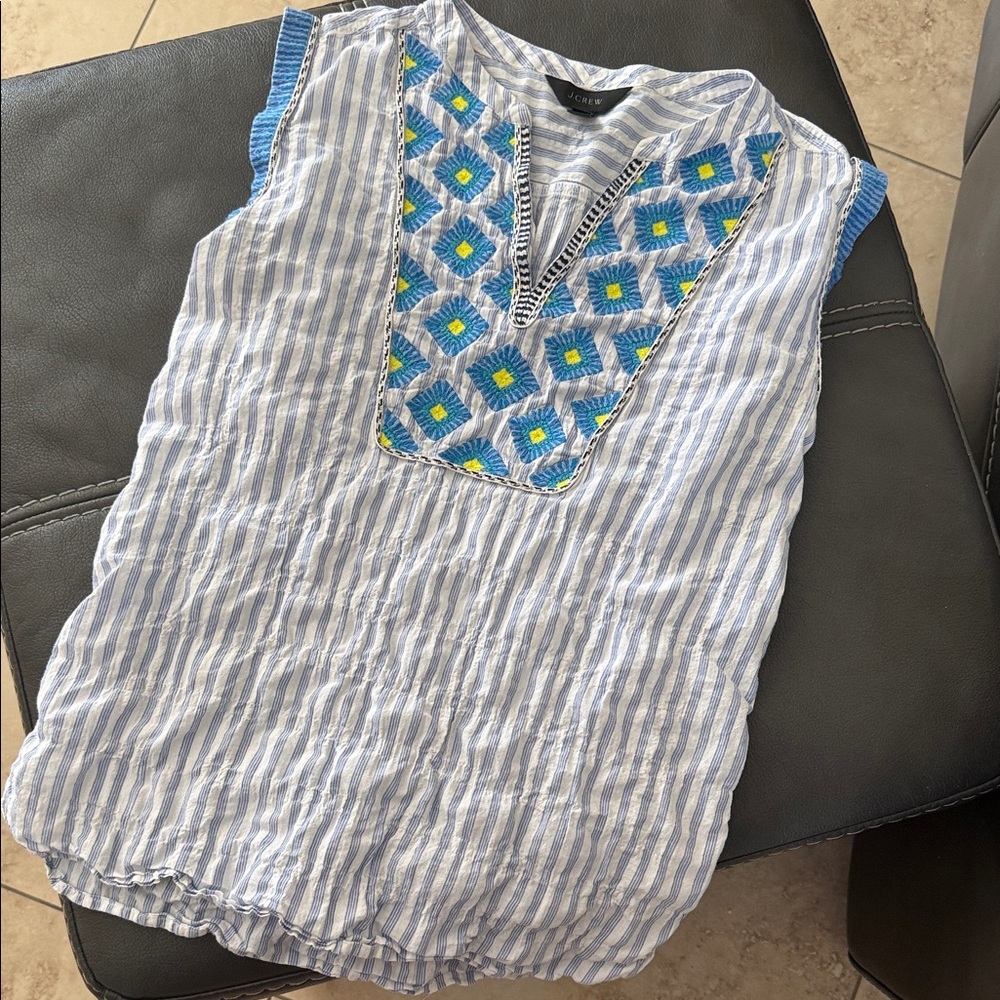 J. Crew Blue & White Striped Embroidered Tunic